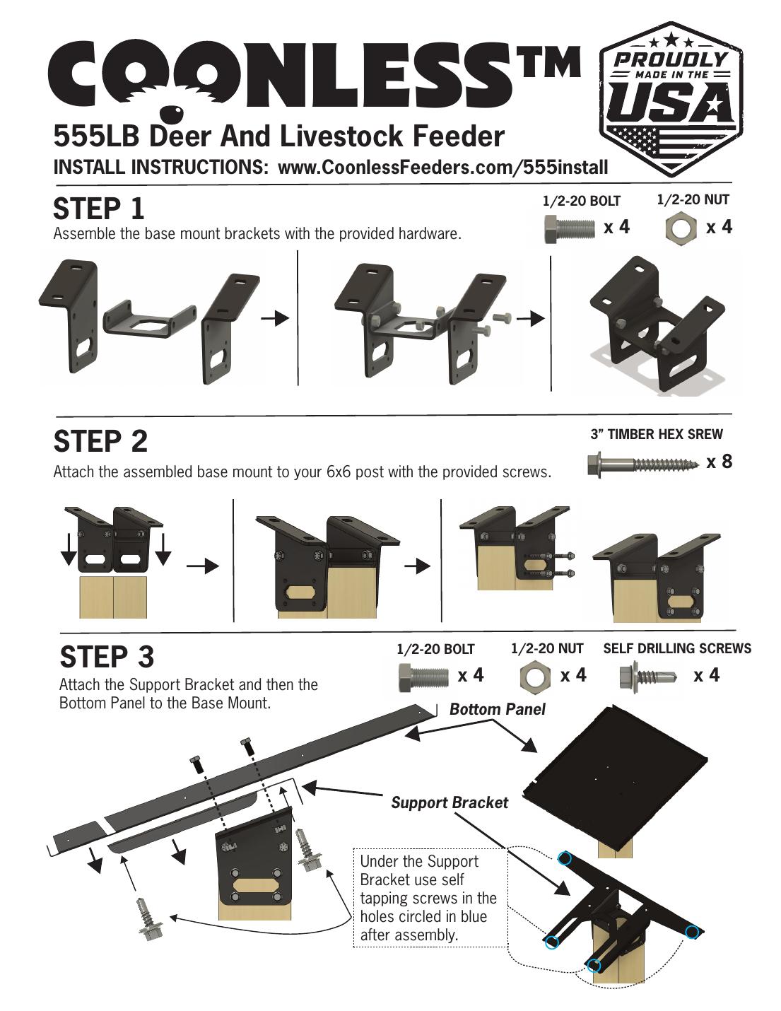 555 lb feeder install — page 1, steps 1–3