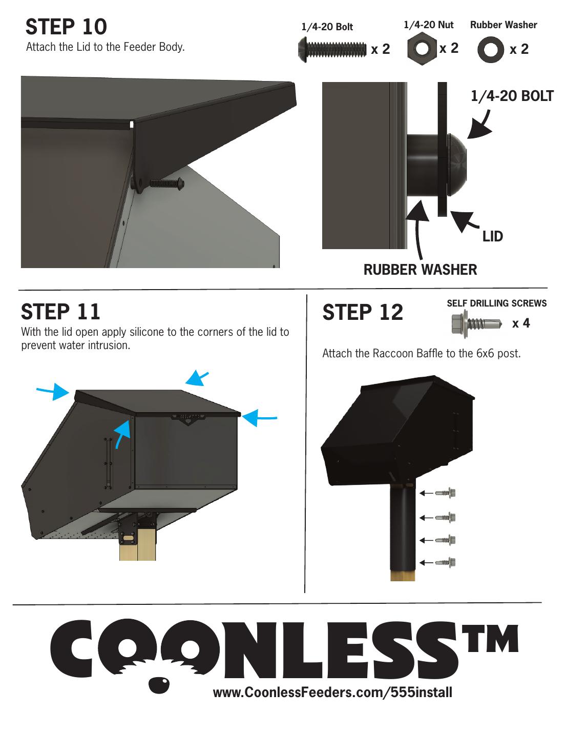 555 lb feeder install — page 4, steps 10–12